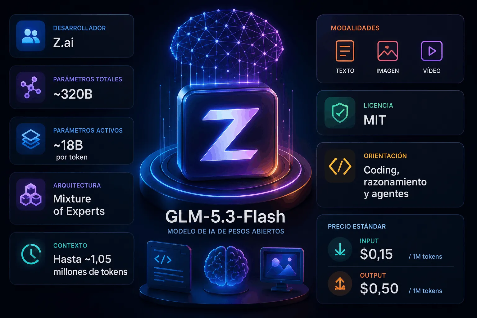 Ficha técnica de GLM 5.3 Flash con parámetros, contexto y benchmarks
